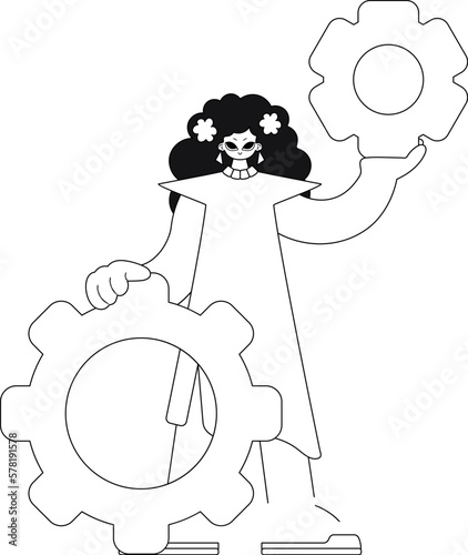 Girl griping gears, linear vector illustration.