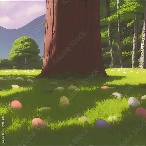Landscape with trees, eggs and grass. 
Created using generative AI 