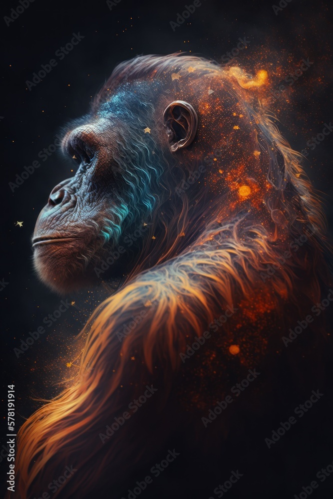 Beautiful Artistic Spiraling Galaxies and Iridescent Nebulae in Intricate Detail, Forming the Shape of a Orangutan in Space (generative AI)