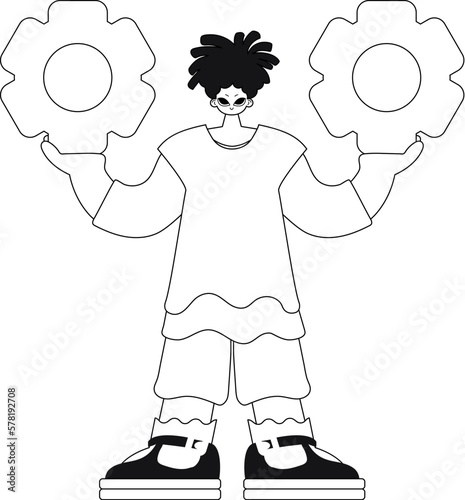 A man grips gears, linear pattern. Vector picture.