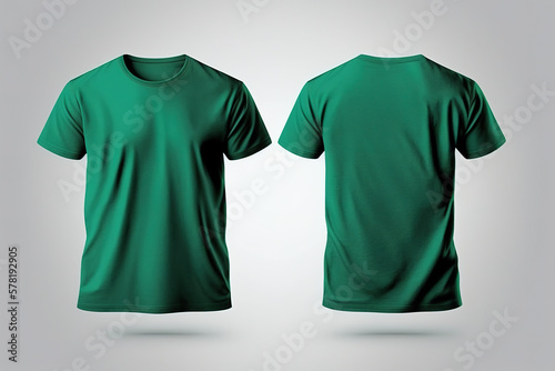 Photo realistic male green t-shirts with copy space, front and back view. Created with Generative AI Technology