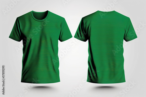 Photo realistic male green t-shirts with copy space, front and back view. Created with Generative AI Technology