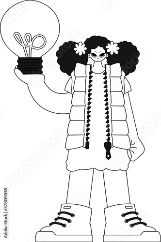 Girl clutching light bulb, symbolising idea generation; linear illustration style.