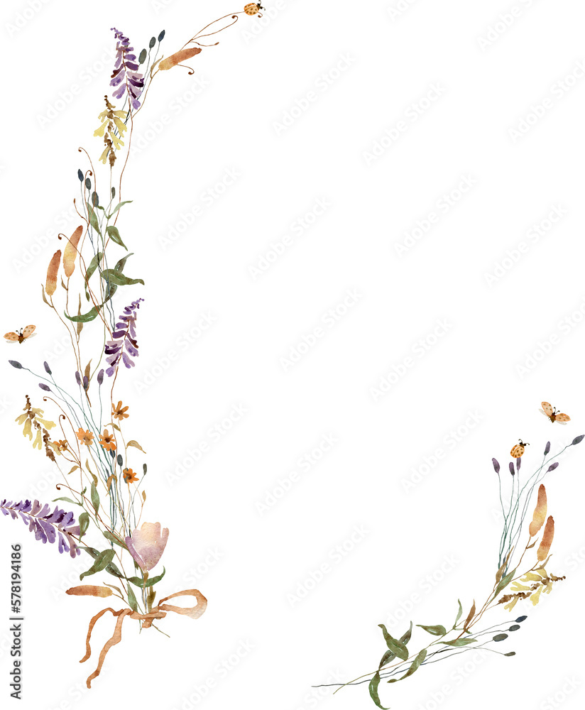 Wildflowers, herbs boho border painted in watercolor. Subtle, delicate, wild flowers. Dried pampas grass floral bouquet. Botanical boho elements isolated on white. Wedding invitation, greeting card