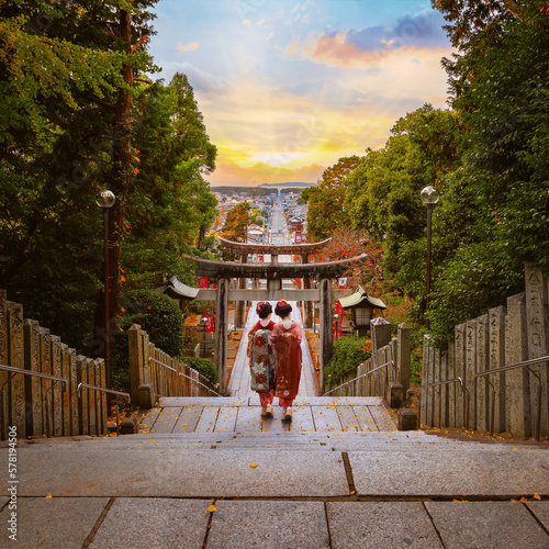 Fukuoka, Japan - Nov 21 2022: Miyajidake Shrine is primarily dedicated to Empress Jingu, home to five-ton sacred straw rope and attracts over 2 million worshippers a year