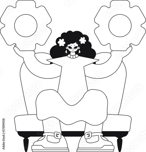 Girl griping gears; linear vector illustration.