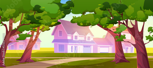 Village houses in countryside with trees in garden and road. Rural landscape with cottages with garages, forest and meadows with green grass, vector cartoon illustration