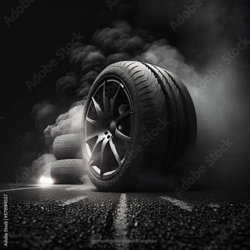 Car tires with a great profile on illuminates asphalt
