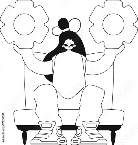 Girl grips gears in her palms. Linear design. Vector image.
