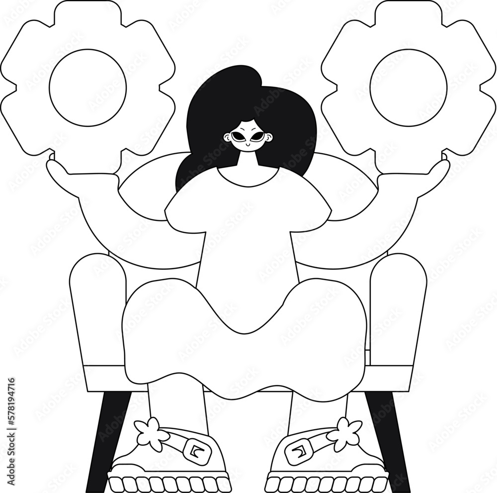 Girl holds gears in hands linear vector illustration. Girl holds gears in hands linear vector illustration.