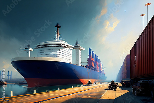 Container ship in harbor illustration  generative ai