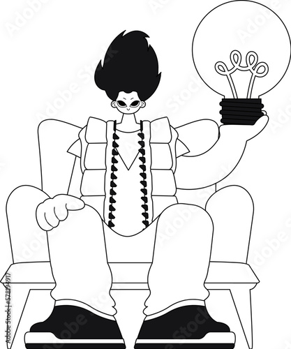 Man holds lightbulb. Represents ideas. Linear style, vector il'n.
