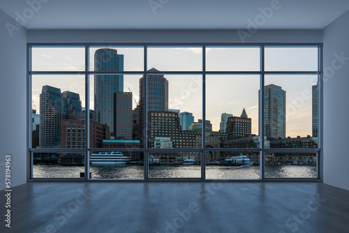 Panoramic picturesque city view of Boston at sunset from modern empty room interior, Massachusetts. An intellectual, technological and political center. 3d rendering.