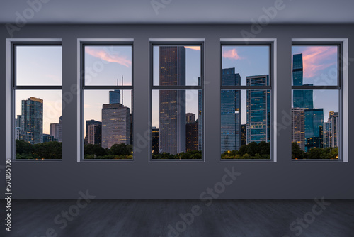 Downtown Chicago City Skyline Buildings from High Rise Window. Beautiful Expensive Real Estate overlooking. Epmty room Interior Skyscrapers View in Penthouse Cityscape. Sunset. 3d rendering.