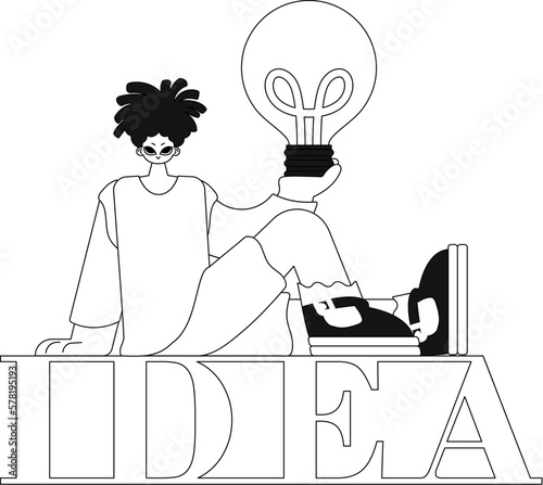 Man holds a lightbulb, signifying ideas; linear vector illustration.