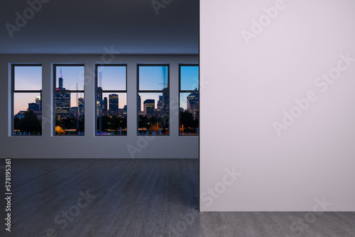 Downtown Chicago City Skyline Buildings Window background. Copy space white wall. Empty room Interior Skyscrapers View. Mockup concept. Night. 3d rendering.