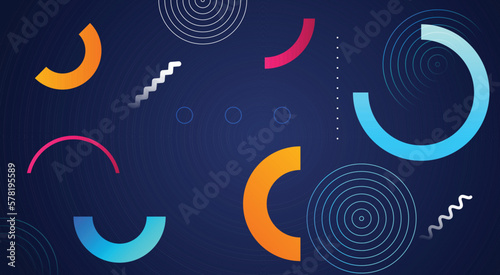 Paper layer geometric circle colourful yellow orange pink on blue abstract background. Curves, rounded, circles, dots and lines use for banner, cover, poster, wallpaper, design with space for text.