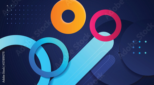 Paper layer geometric circle colourful yellow orange pink on blue abstract background. Curves, rounded, circles, dots and lines use for banner, cover, poster, wallpaper, design with space for text.