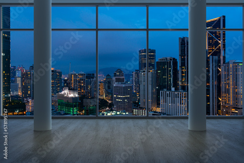Empty room Interior Skyscrapers View Malaysia. Downtown Kuala Lumpur City Skyline Buildings from High Rise Window. Beautiful Expensive Real Estate overlooking. Night time. 3d rendering. © VideoFlow