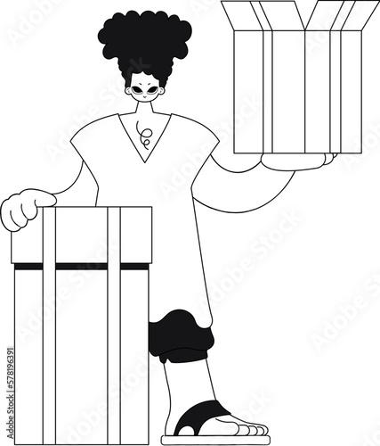 Guy holds parcel, delivering in a straight line. Vector illustration.