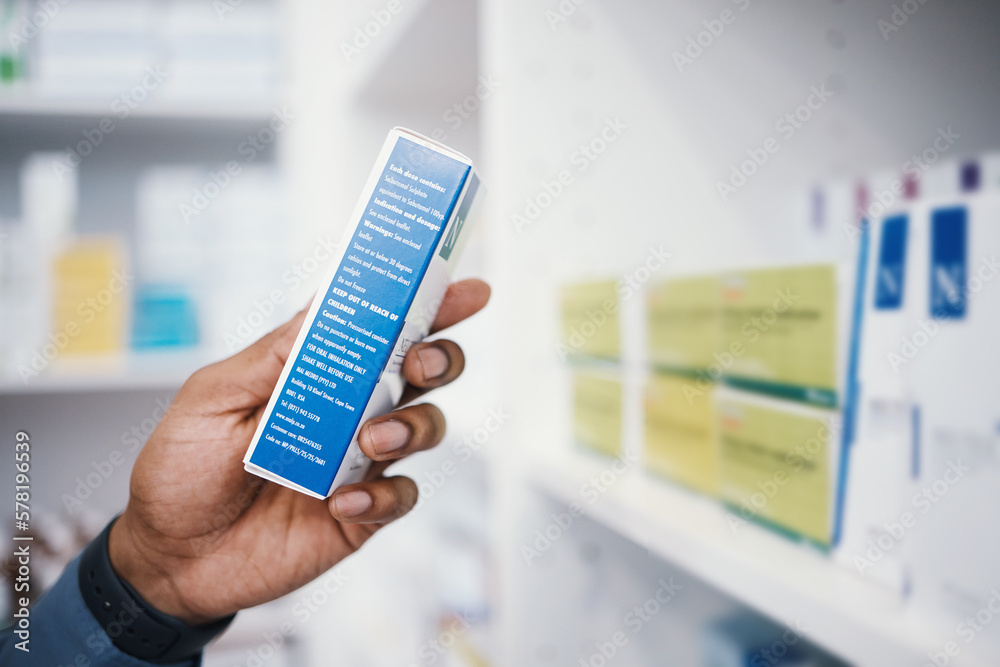 Pharmacy, medicine and pills, man and box in hand, healthcare and prescription medication in drug store. Medical, closeup and pharmaceutical product for health, wellness and treatment with pharmacist