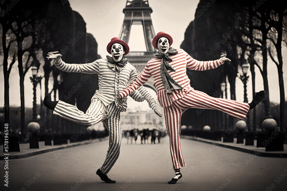 Two black and white french mimes being playful and funny in Paris