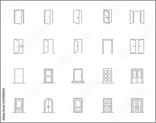 Simple Set of door Related Vector Line Icons. Vector collection of frames, front, entry, exit, doorway, entrance, enter, open, close and design elements symbols or logo element.