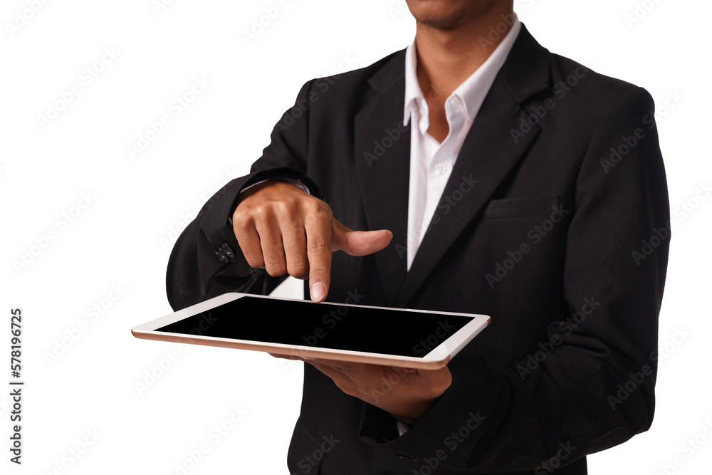 Young business man using digital tablet isolated on white background                            