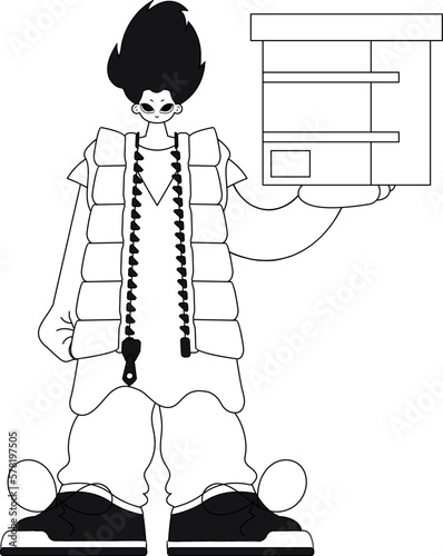 He holds a box, parcel delivery illustrated in linear vector style.