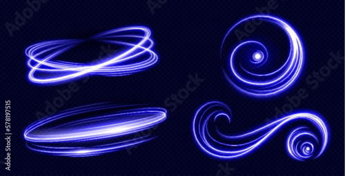 Set of neon blue abstract swirls isolated on transparent background. Vector realistic illustration of circle and light speed effect, magic energy motion trail, bright luminous trace, spiral vortex