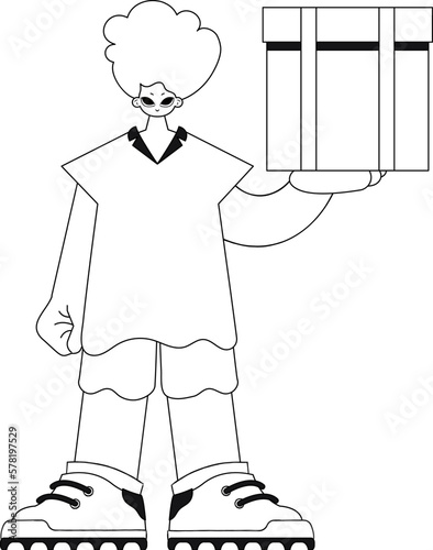 He grips a box, parcel delivery. Linear design, vector illustration.