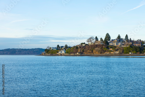 View from the ocean to expensive houses, Tacoma neighborhood, Seattle