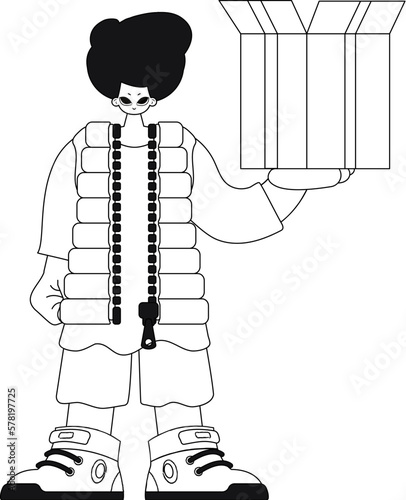 Guy holds box, delivering parcel. Linear style vector illustration.