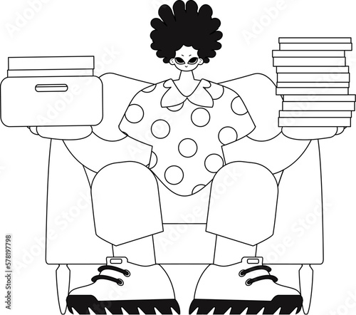 A guy clutches stacks of paperwork. Linear design. Vectorbased graphic. photo
