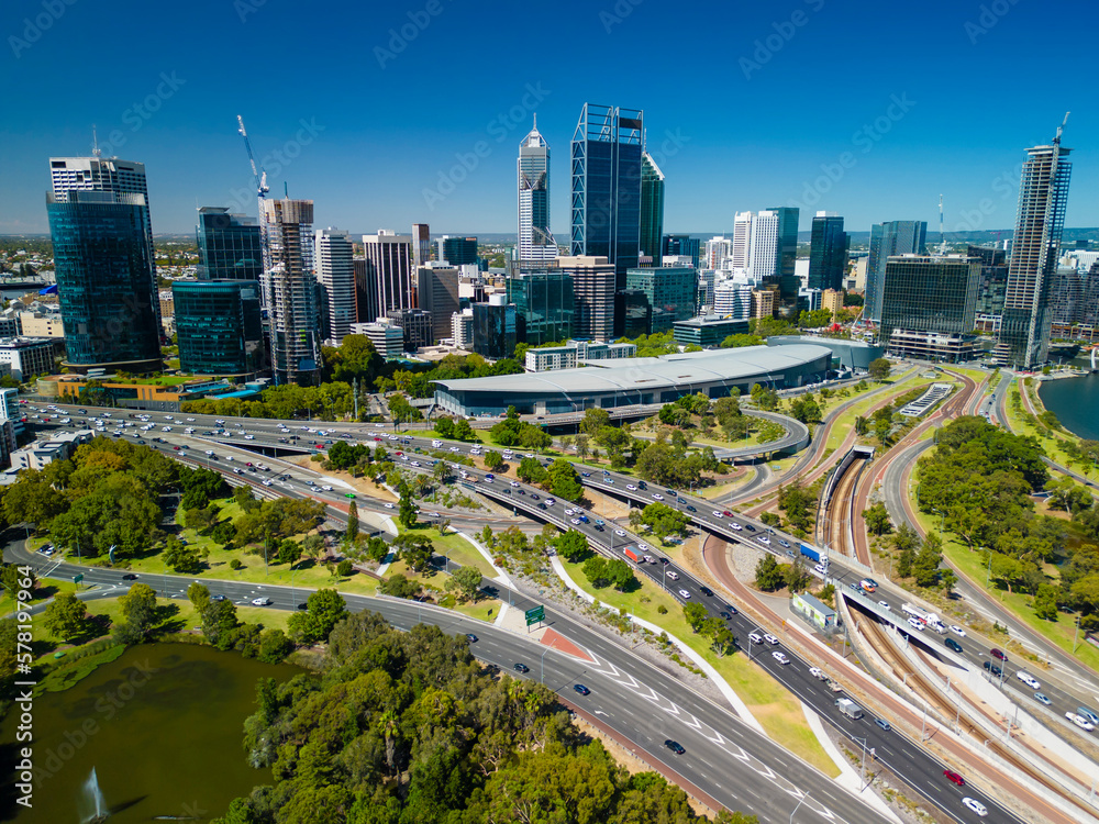 Aerial view of Perth city and highway traffic in Australia