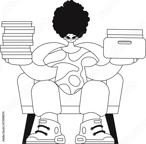 Guy holds piles of docs in linear style, vector illustration.