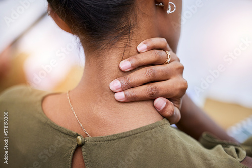 Obraz na płótnie Neck pain, stress and back of woman with injury, joint inflammation or arthritis risk