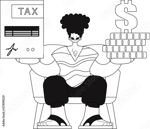 The guy holds a tax return and a pile of coins in his hands. Vector image.