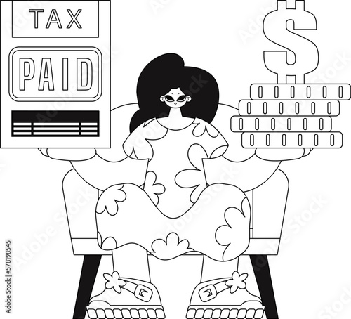 A girl has a tax form and coins in her hands. Drawn in a linear style, the vector illustration depicts the scene.