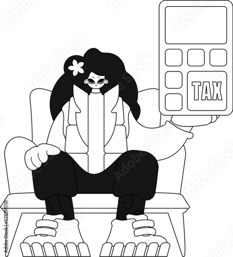 Girl holds calculator in linear style vector illustration.