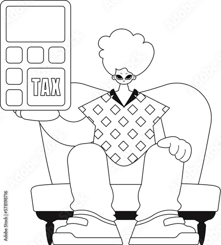 Man holds calculator. Linear. Vector illustration.