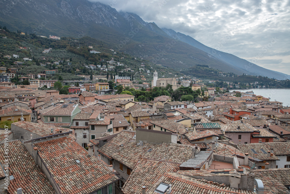 View from height on roofs of italian resort Malcesine Garda Lake