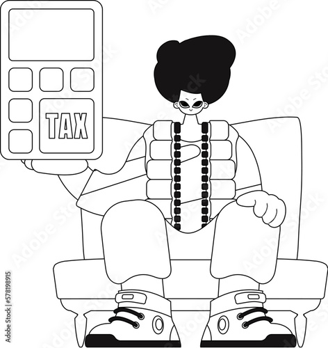Man grips calculator. Linear vector illustration.