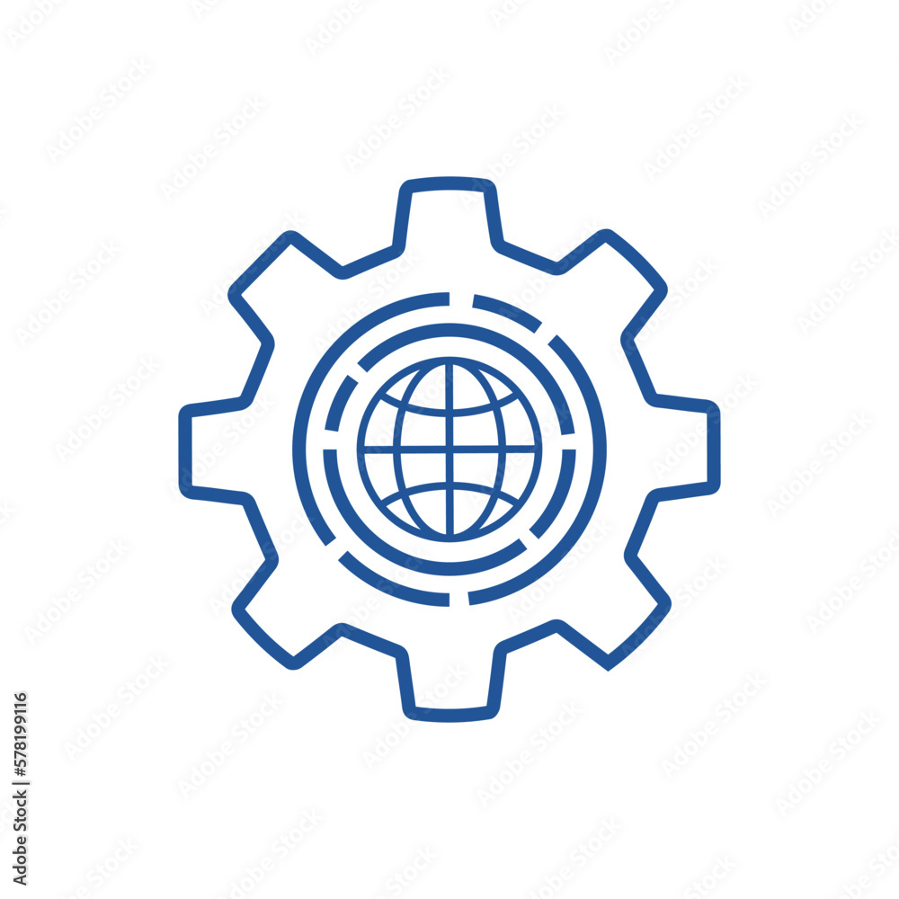 blue global industry icon with thin line gear and globe. flat linear trend modern graphic stroke design web element isolated on white. concept of international tech company badge or technical work blue global industry icon with thin line gear and globe. flat linear trend modern graphic stroke design web element isolated on white. concept of international tech company badge or technical work