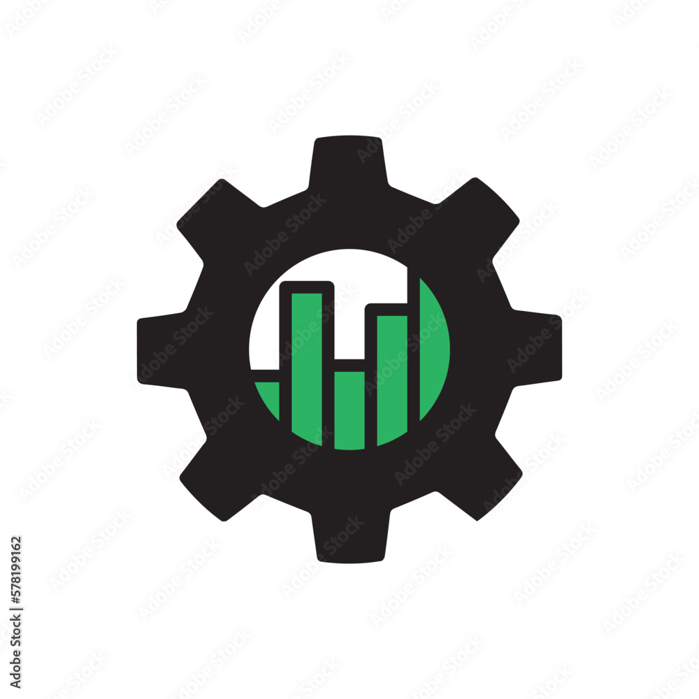 industry metric icon with black gear and green graph. flat trend modern cogwheel logotype graphic design web element isolated on white. concept of business performance symbol or fintech result sign