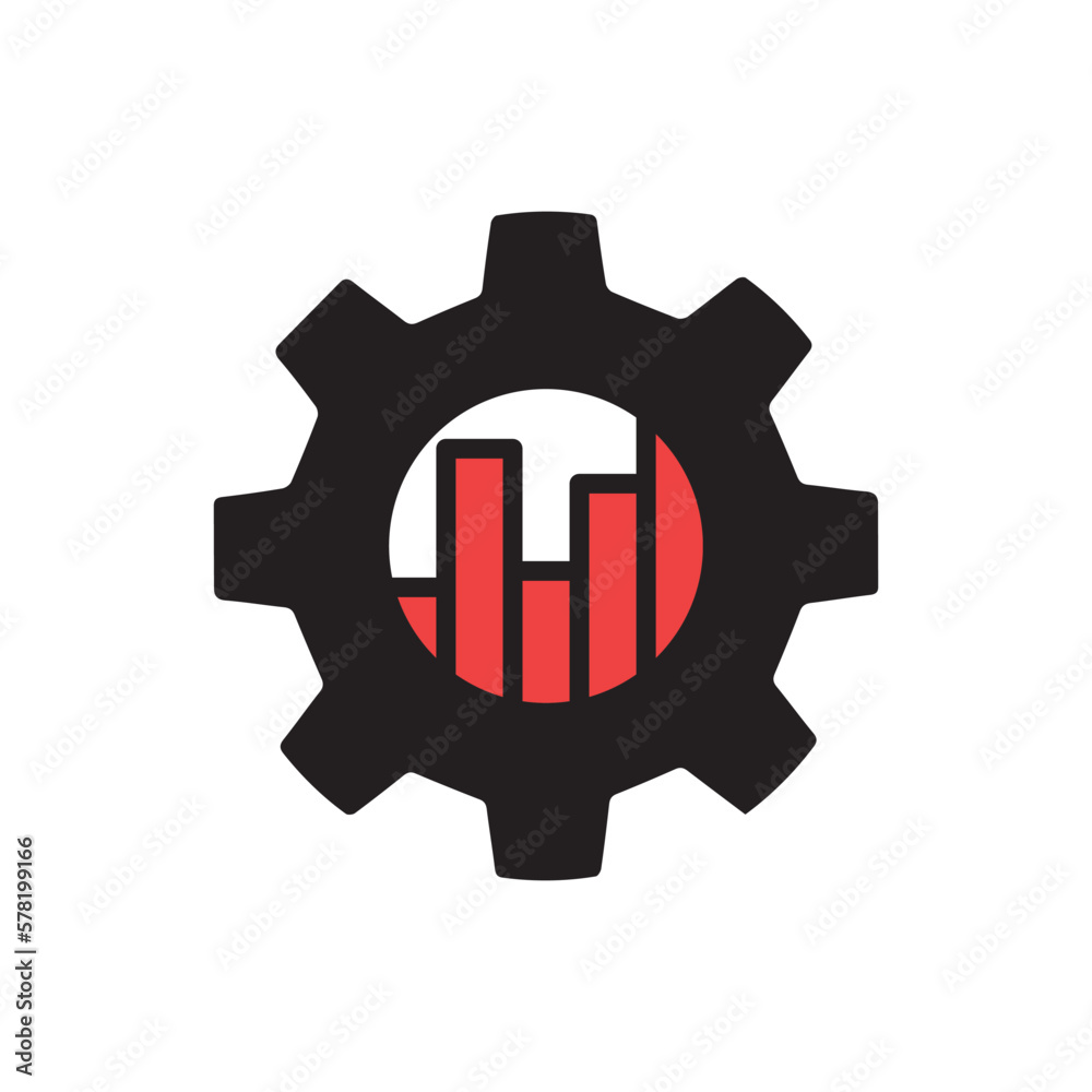 metric management icon with black gear and graph. flat simple trend modern stats logotype graphic design web element isolated on white. concept of key performance indicator or bad operation strategy metric management icon with black gear and graph. flat simple trend modern stats logotype graphic design web element isolated on white. concept of key performance indicator or bad operation strategy