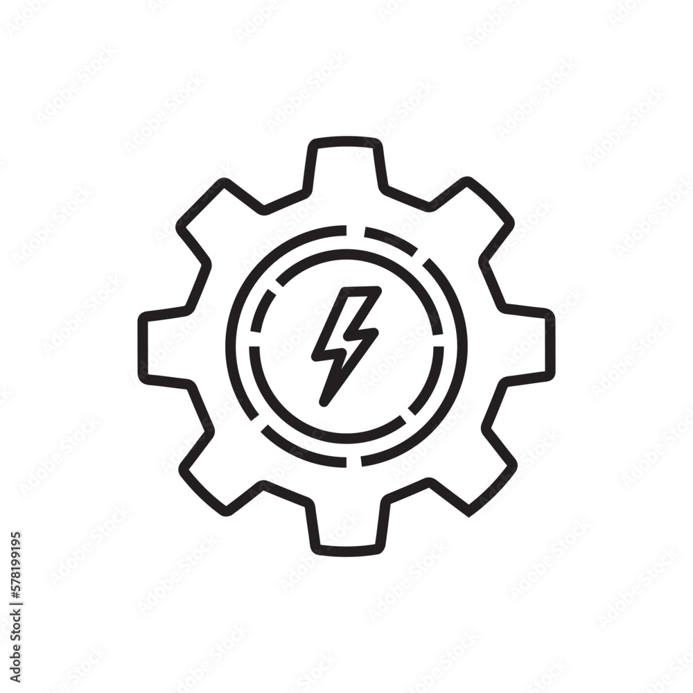 simple thin line gear with lightning black icon. stroke art style trend modern logotype graphic lineart web design isolated on white background. concept of electrical technology and thunderbolt in cog simple thin line gear with lightning black icon. stroke art style trend modern logotype graphic lineart web design isolated on white background. concept of electrical technology and thunderbolt in cog