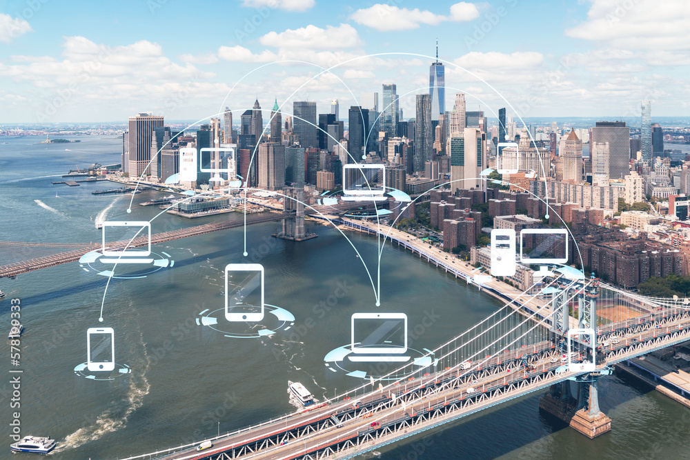 Obraz premium Aerial panoramic city view of Lower Manhattan. Brooklyn and Manhattan bridges over East River, New York, USA. Social media hologram. Concept of networking and establishing new people connections