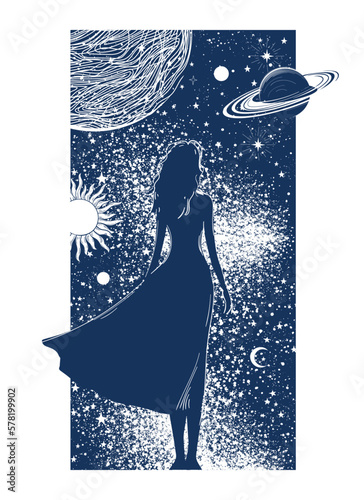 Mystical background for astrology, future prediction, dream imagination concept. A woman stands with her back in front of the entrance to the universe with planets. Vector poster.