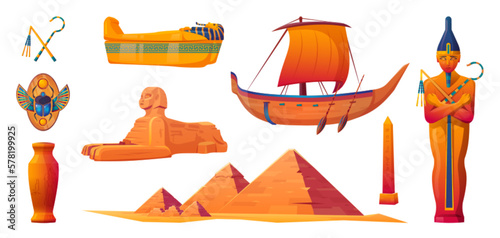 Egypt temple, pharaoh and sarcophagus cartoon vector set, scarab, sarcophagus, boat. Ancient egyptian travel icon collection, landmark isolated on white. Tourist object to create history infographic.